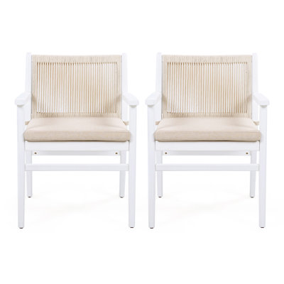 Ensemble de 2 chaises de salle à manger d'extérieur, fauteuil de patio en bois d'acacia avec dossier en corde et coussin hydrofuge, structure blanche, capacité de poids de 400 lb