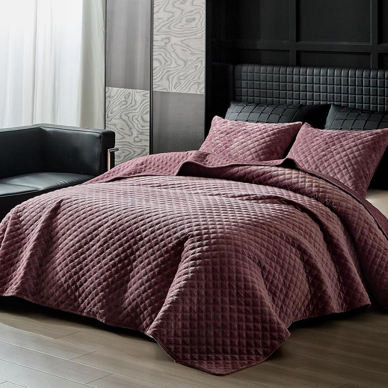 Couvre-lit / couvre-lit en velours octogonal Zera, Grand couvre-lit / couvre-lit + 2 taies d'oreiller, Mauve