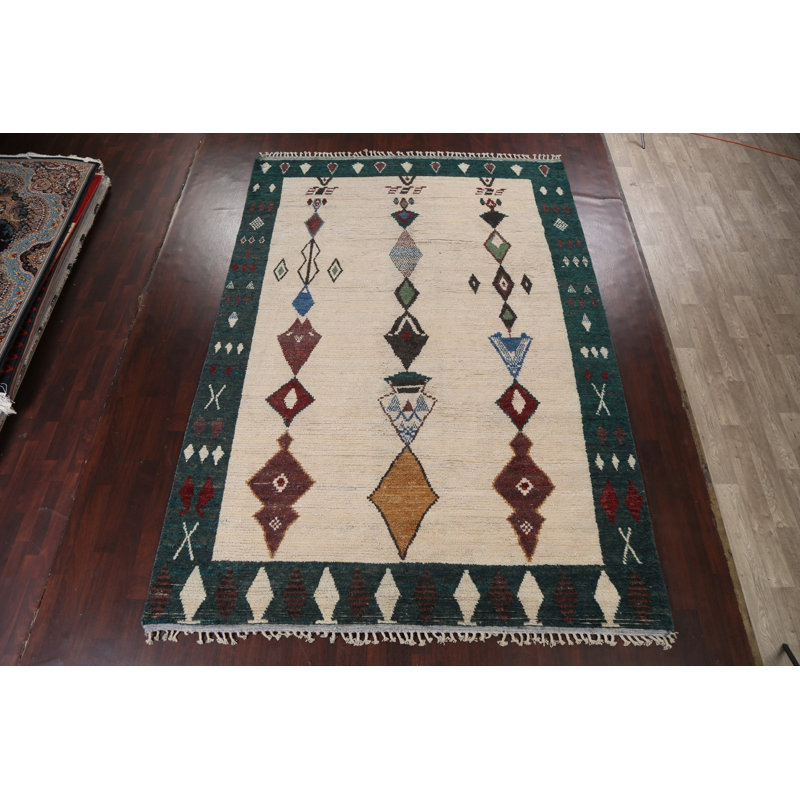Tapis ivoire en laine noué à la main de conception unique 8 pi 11 po x 12 pi 10 po marocain