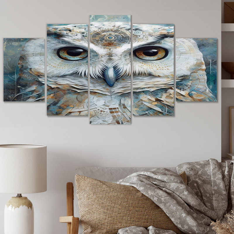 Portrait de hibou blanc tribal magique - décoration murale animaux hibou - 5 panneaux