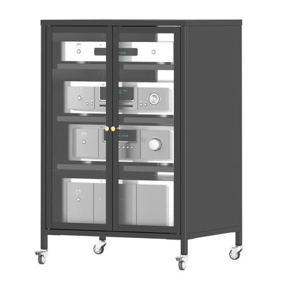 35.8" High Media Storage Cabinet With Wheels, AV Stereo TV Stand With 4 Adjustable Glass Shelves & Door, Heavy-Duty Steel Frame For Living Room, Easy Assembly