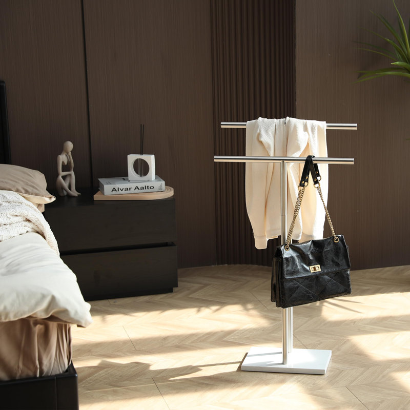 Porte-serviettes sur pied, avec base en marbre, porte-serviettes à 2 niveaux en acier inoxydable pour salle de bain, base en marbre lourd, support de séchage double en forme de T pour serviettes, (nickel brossé)