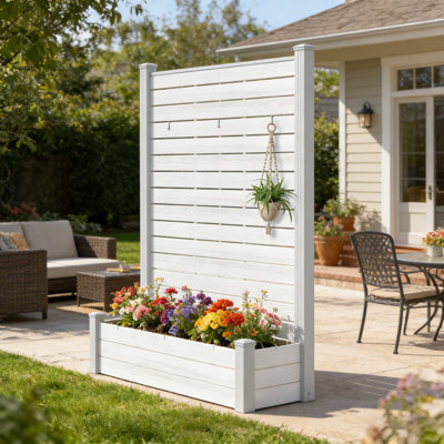 Kozyard Privacy Screen With Planter, 70"H X 51"W Outdoor Garden Screen, Waterproof Aluminum Frame With Thick Wood-Plastic Boards, Decorative Privacy Screen For Patio, Balcony & Backyard White