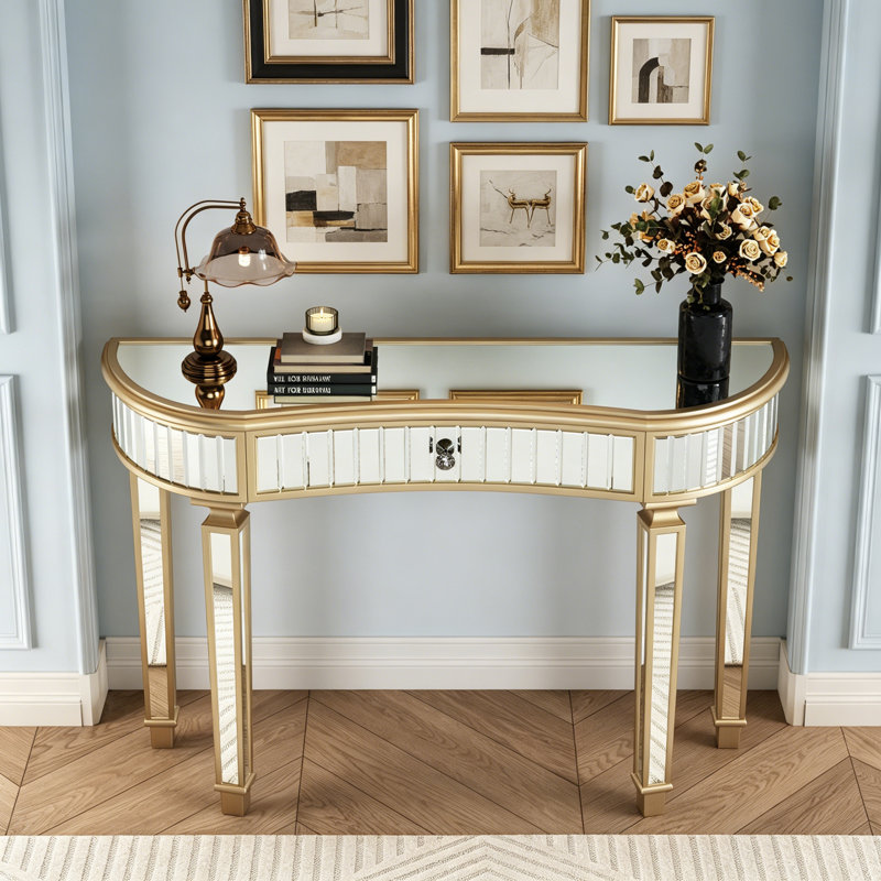 47" Halfmoon Mirrored Console Table With Fluted Glass & Crystal Knob Drawer  Silver Entryway Vanity Desk For Bedroom/Dressing Room(Gold+Sliver)