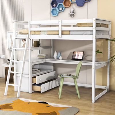 Twin Size 2 Drawers Wooden Loft Bed With Built-In Desk And Shelves by Harriet Bee