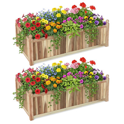 2 PCS Natural Acacia Wood Rectangular Planter Box with Liner Drainage Indoor Outdoor Beige