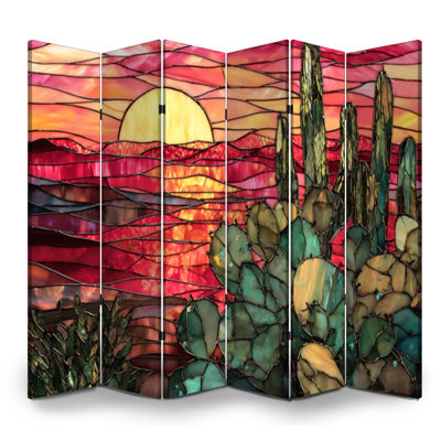 6 Panels Folding Screen Room Divider Royal Handcrafted Stained Glass Sunset Scene Bold Colors Canvas Screen Room Separator Freestanding Protective Wall Divider Privacy Partition