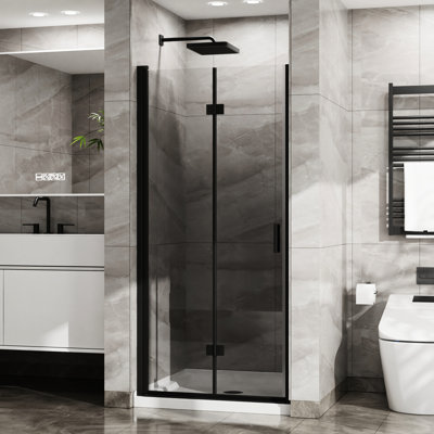 34"X 72" Shower Door With White Acrylic Base. 1/4" Tempered Clear Glass. Black Aluminum Finish. Adjustable Door. 180 Rotatable Pivot. Water- Seal Strips And Abs Mixture . Base Included. Flexible