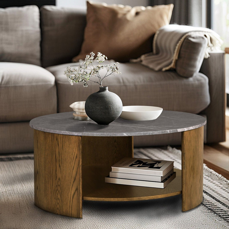 Table basse ronde avec matériaux mixtes avec tablette, Chêne