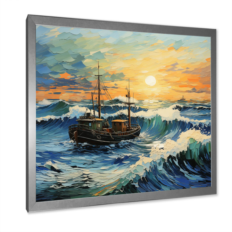Vangogh paysage marin avec pêche en V, H 30 po x l 30 po x P 1 po, Cadre simple argenté