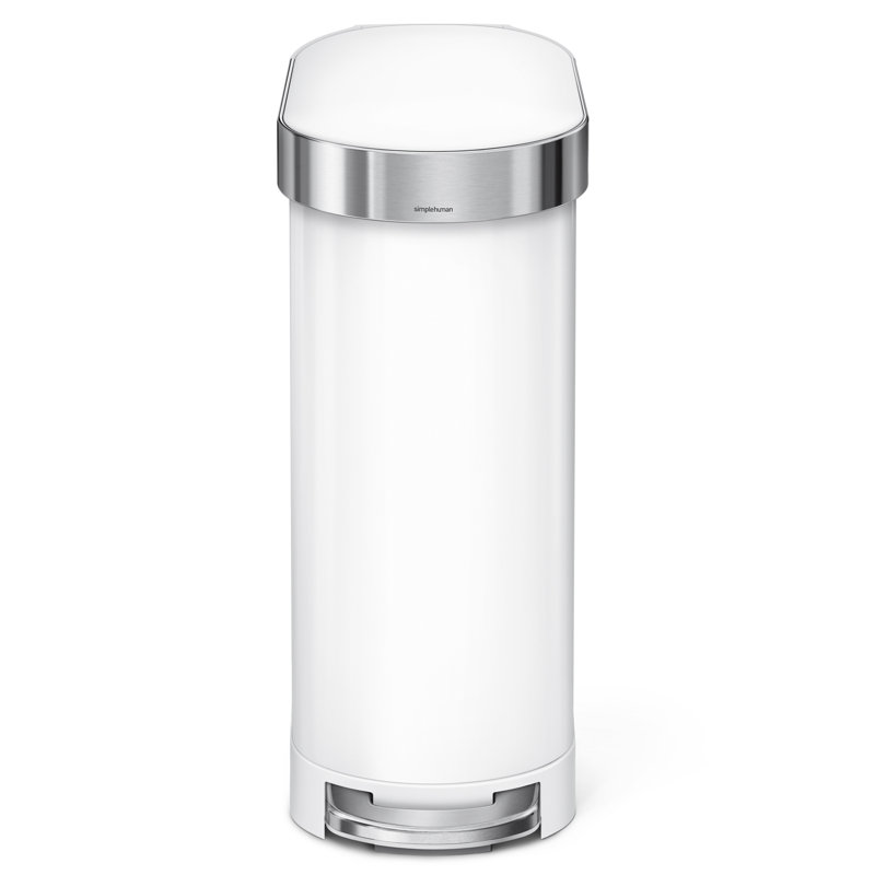 Simplehuman 45 L / 12 Gallon Slim Hands-Free Kitchen Step Trash Can with Liner Rim, Stainless Steel, White