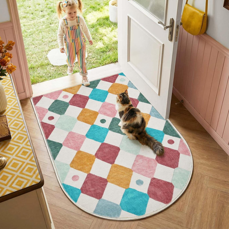 Colorful Diamond for Kids Washable Non-slip Rug, Argyle Confetti, Half-oval 3' x 4'6"