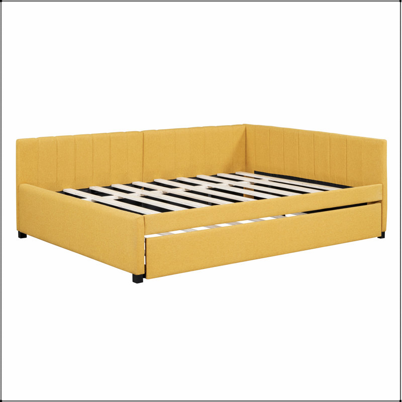 Full Upholstered Daybed with Trundle Sofa Bed Frame, Beige