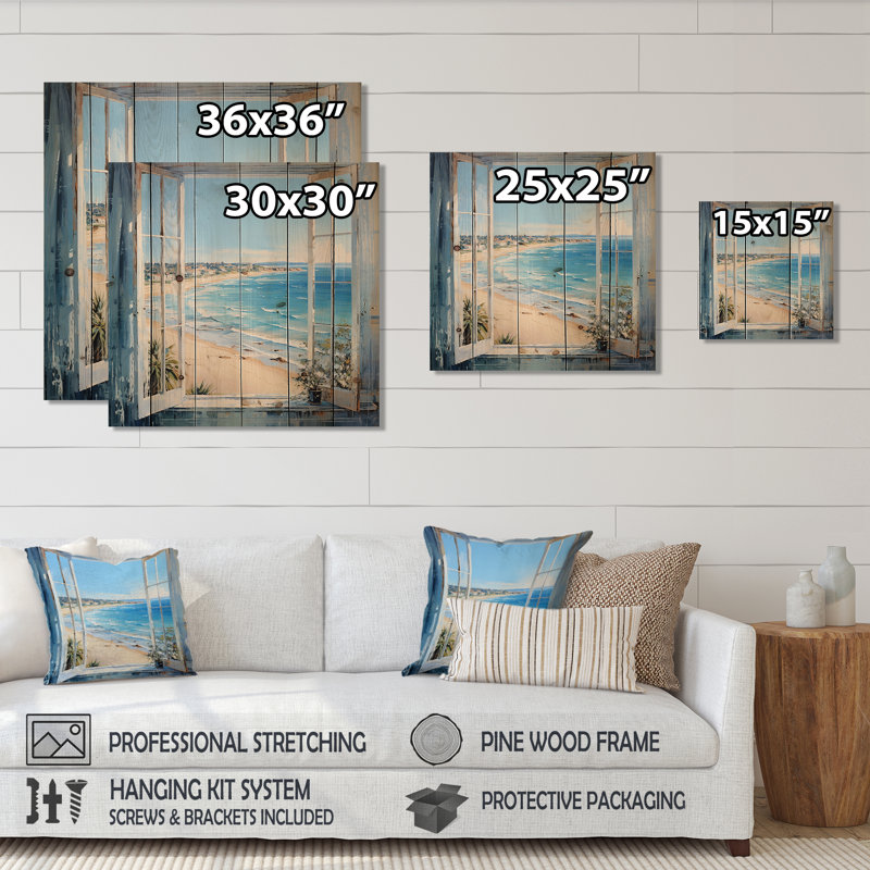 «Coastal Window View By The Beach III» - impression de bord de mer sur bois, H 15 po x l 15 po