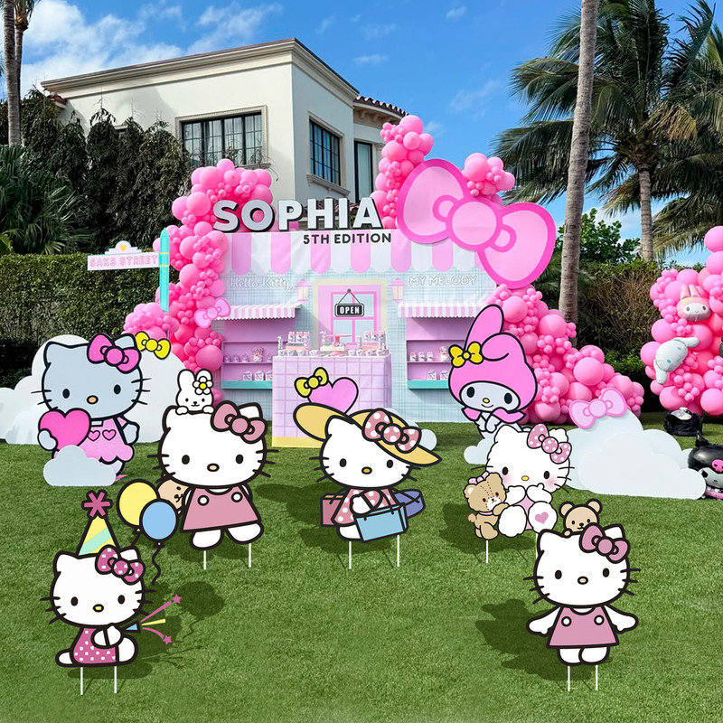Ensemble de 8 panneaux décoratifs Hello Kitty avec des piquets pour Hello Kitty