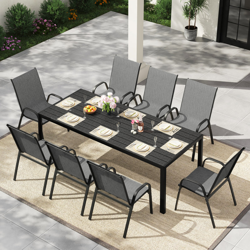 Ensemble de salle à manger d'extérieur pour 8 personnes, chaises empilables et table de salle à manger Hdpe 82,6 po, ensemble de salle à manger toutes saisons pour pelouse, jardin, cour
