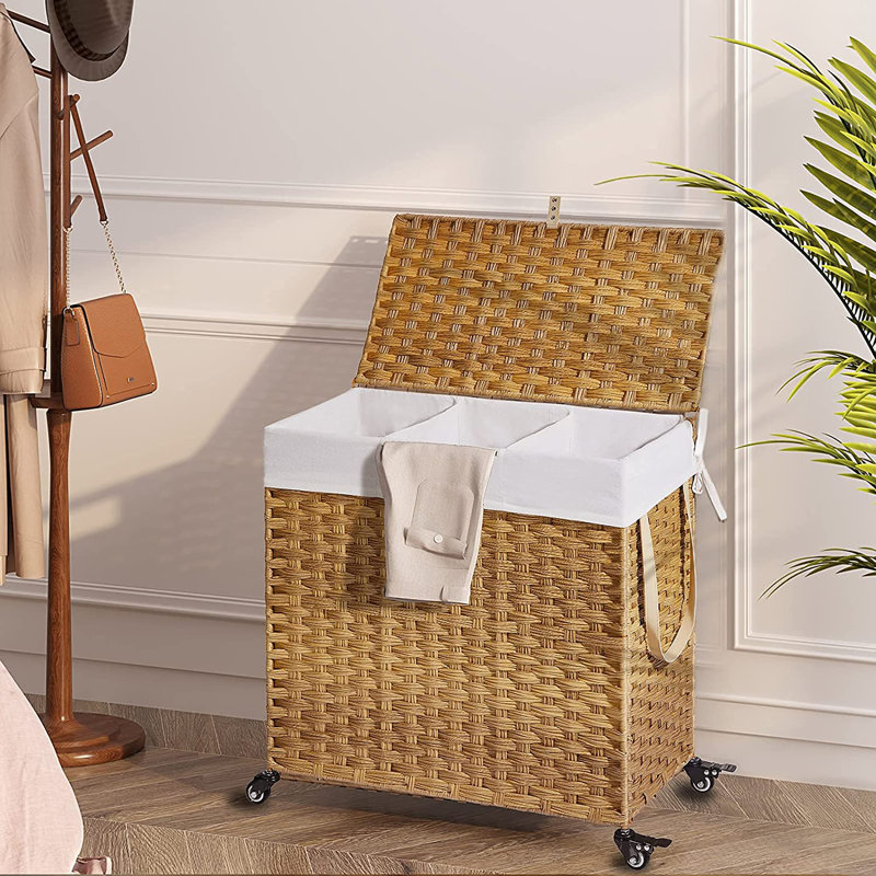 Hand Woven Rolling Laundry Sorter with Handles, Natural