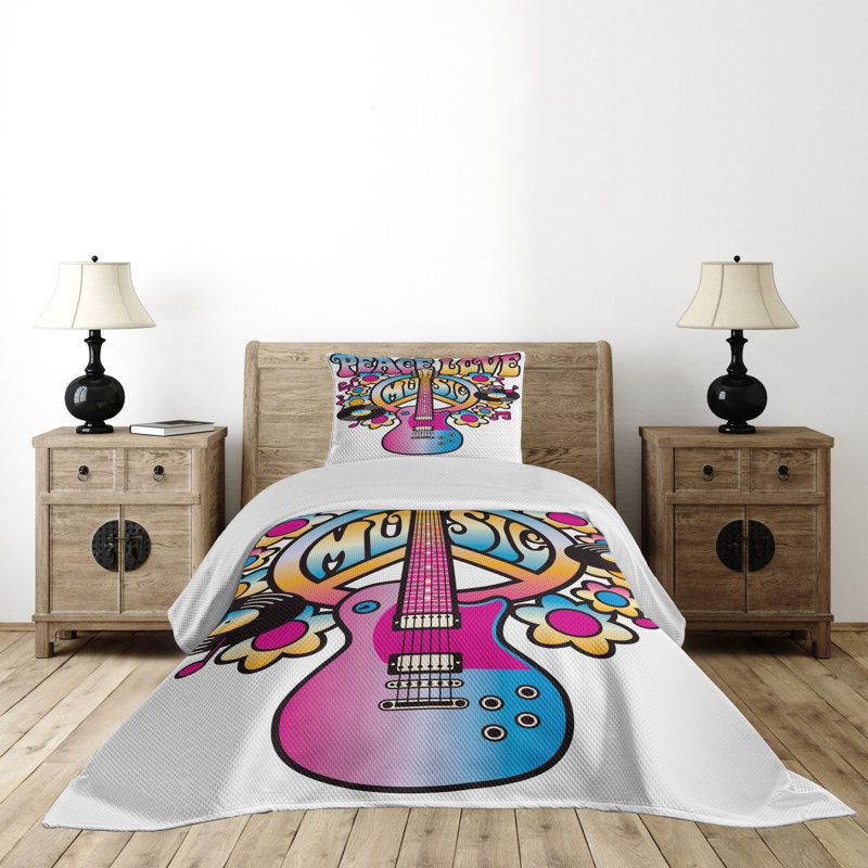 Colorful Peace Love Music Queen Quilted Bedspread Set