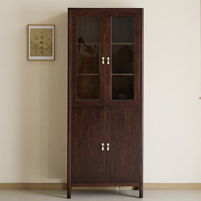 New Chinese-Style Black Walnut Wooden Storage Cabinet With Glass Doors And Floor-Standing Bookcase