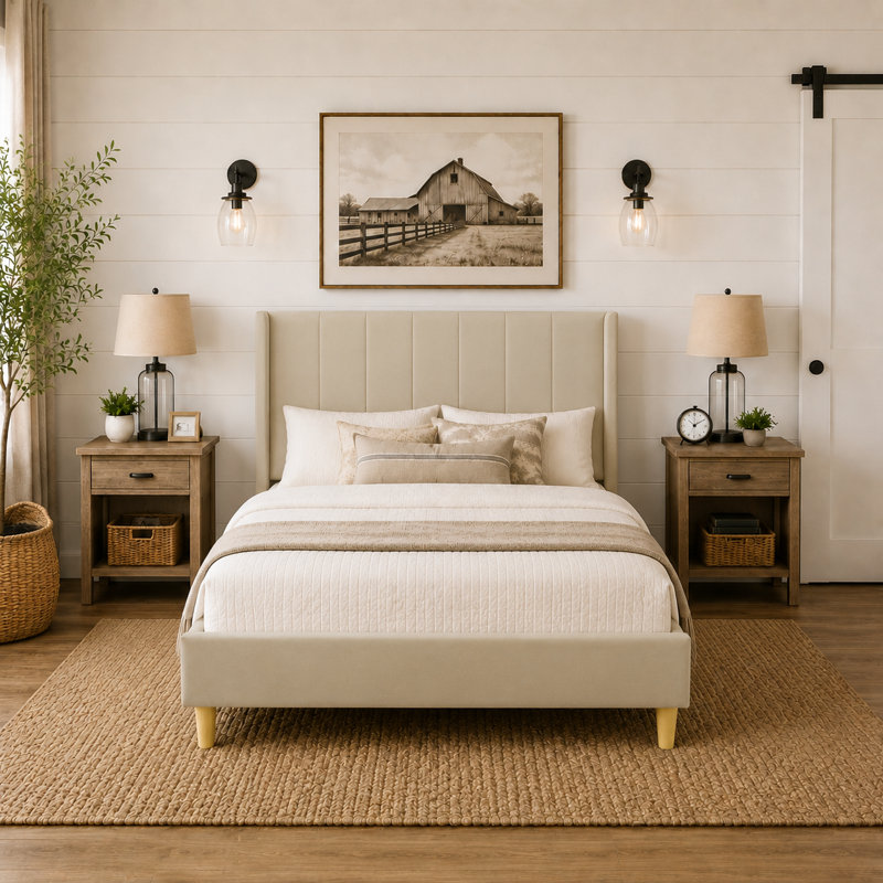 Eriksay Low Profile Upholstered Platform Bed with Wingback Headboard, Twin, Beige Linen