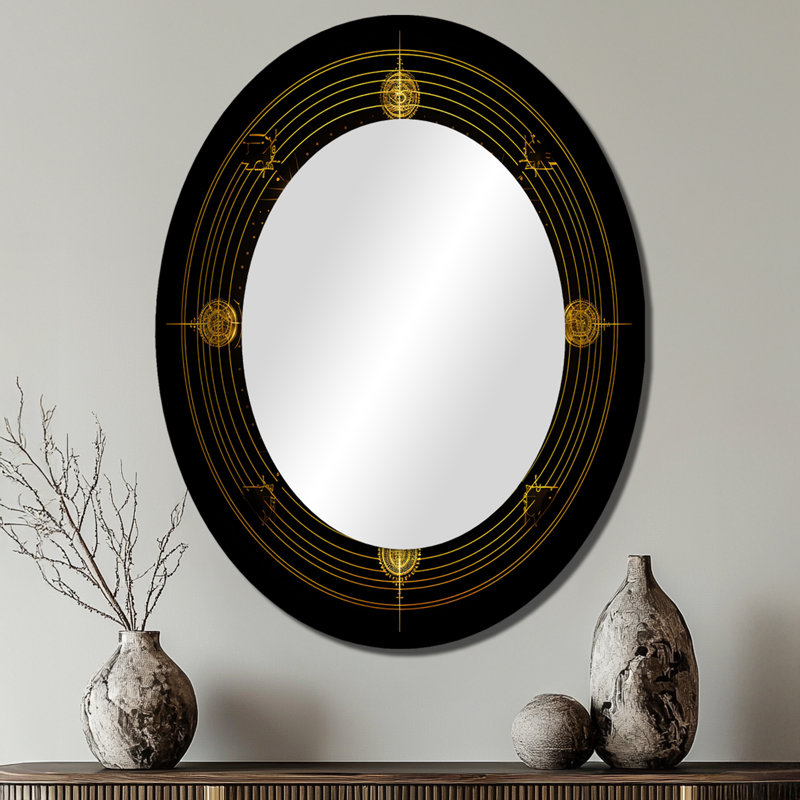 À la découverte de la géométrie sacrée : Or sur noir I - Miroir mural ovale moderne doré, 40 po x 30 po