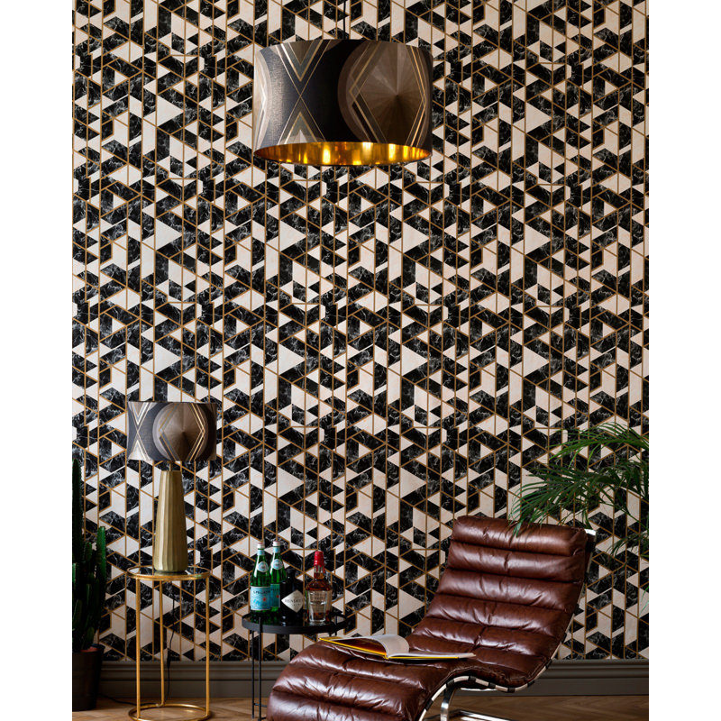 Manhattan Stone Wallpaper Roll, Black/Ivory/Gold