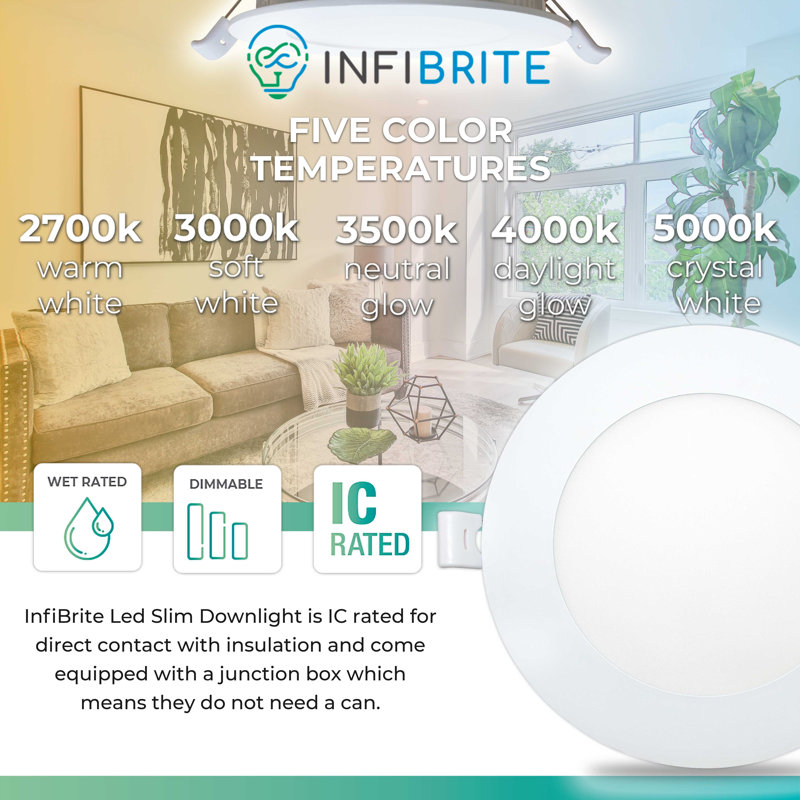 Infibrite Ultra-Thin 6" LED Recessed Ceiling Light, 5CCT, Wet Rated