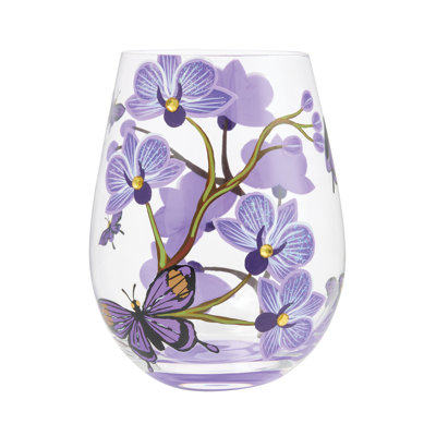 Enesco Lolita Butterfly Jubilee Floral Hand-Painted Artisan Stemless Wine Glass 20 oz.
