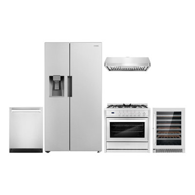 Cosmo 5 Piece Kitchen Appliance Package with Side By Side Refrigerator 35.5'' Gas Freestanding Built-In Under Cabinet Range Hood