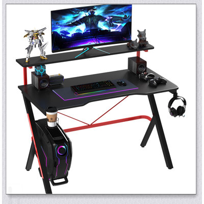 Gaming Desk Racing Computer Workstation with Elevated Monitor Shelf and Rotatable Cup Holder, Perfect for Enhanced Gaming and Productivity.