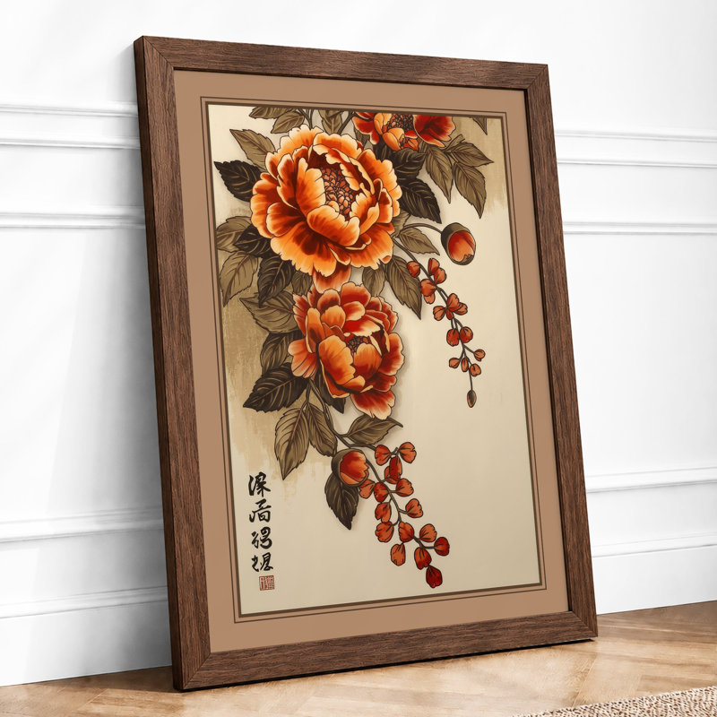 Peonies in Blossom Japandi - Framed Print, A1 - 84.1 x 59.4 cm, Walnut
