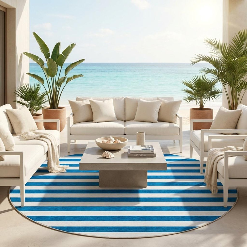 Tapis extérieur rond 8 po rayé lavable antidérapant bleu marine