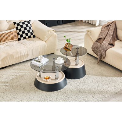 Glass Nesting Coffee Table Set of 2 Modern Round Coffee Tables with Metal Base for Living Room