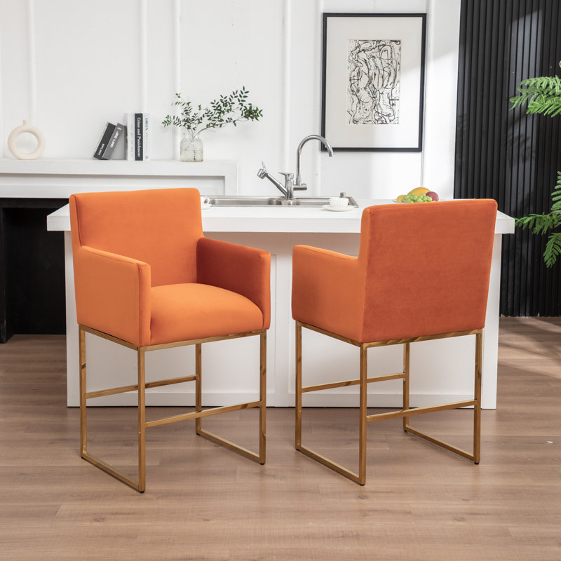 Upholstered Counter Stool With Metal Frame, Orange