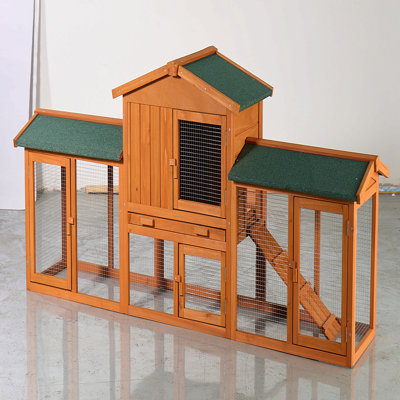 Grande cage à lapins en bois, cage de lapin extérieure avec grande surface, toit en asphalte imperméable, plateau et rampe coulissants, maisonnette en bois de sapin pour lapins, poulets et petits animaux (brun et vert)