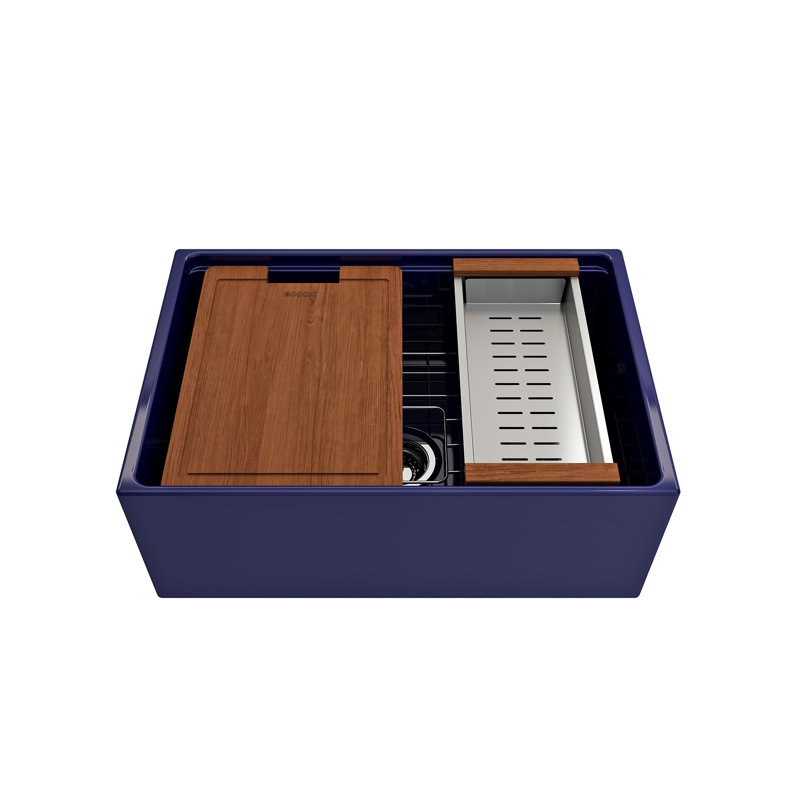 Contempo Step-Rim 27'' L Single Bowl Fireclay Kitchen Sink, Sapphire Blue