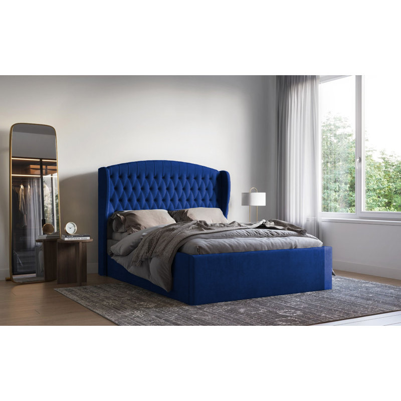 Medau Velvet Upholstered Bed Frame - Padded Headboard, Chrome Feet, Blue, Small Double (4')