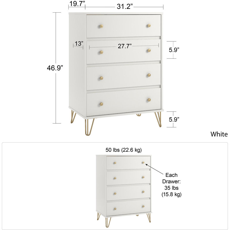 White Mid-Century Modern 4-Drawer Chest with Gold Legs