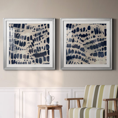 Indigo Markings I - Encadré sous verre, ensemble de 2, grand tableau pour salon