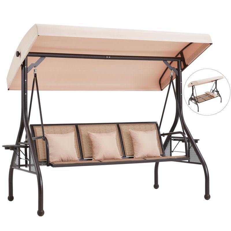 Balancelle de patio pour 3 personnes avec porte-gobelet, coussin, auvent réglable, dossier, Brun