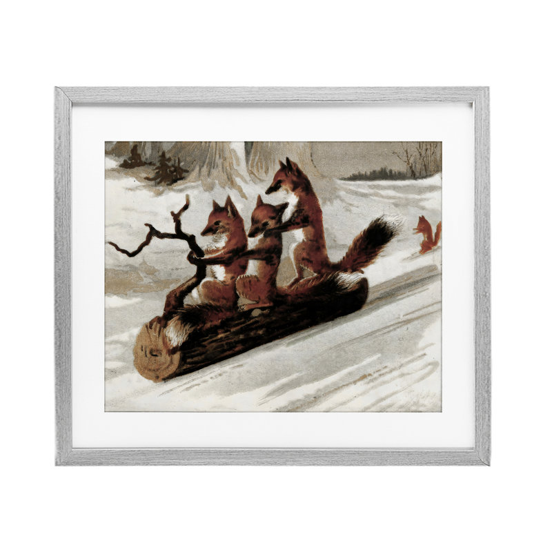 Renards qui traînent sur une bûche, impression par Arlington Prints, Cadre de ferme gris, H 17 po x l 21 po