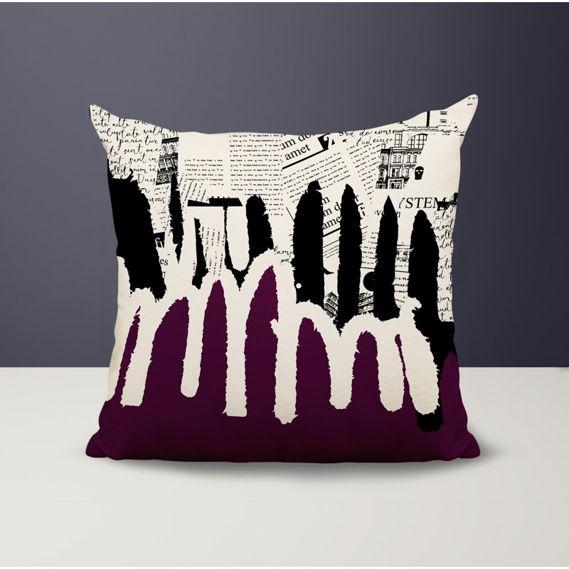 Oreiller carré réversible intérieur / extérieur Kisha, H 19 po x l 19 po, Mauve / noir / blanc cassé abstrait
