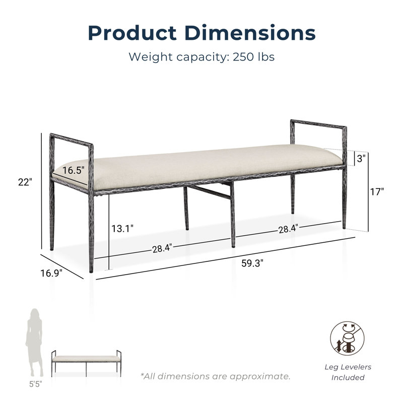 Mathis Modern Hammered Metal 60" Accent Bench, Matte Gray