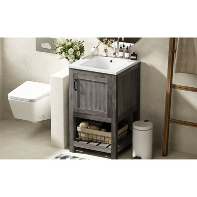 Modern Grey Bathroom Vanity Sink - 16", Small Space Optimized, Rectangular Basin, Storage Options With Space, Ample Solutions