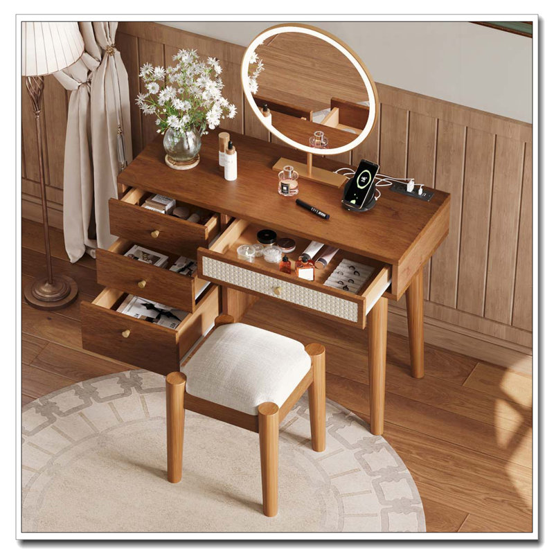 Ensemble de coiffeuse 39 "en bois avec tabouret Retro Bohemian