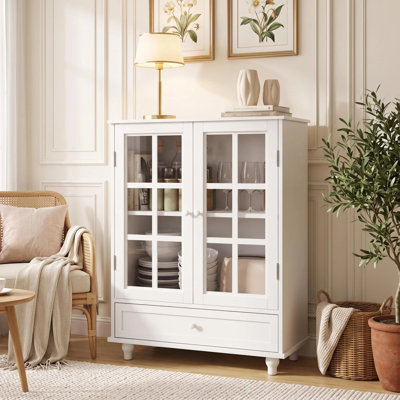 38" H Modern Kitchen Storage Cabinets Kitchen Pantry, with Double Glass Doors And Drawer