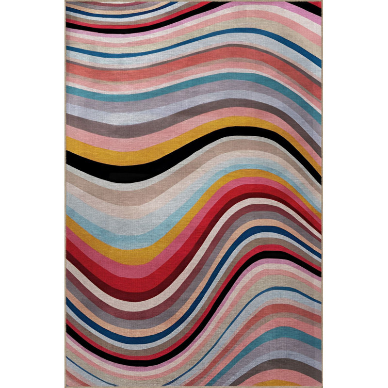 Machine Washable Light Tone Multicolor Wavy Line Section Patterned Modern Decorative Rug, Rectangle 3'11" x 5'11"