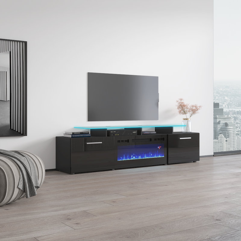 Aiyah 75" Modern TV Stand with Electric Fireplace, High Gloss Finish, Media Storage, Black
