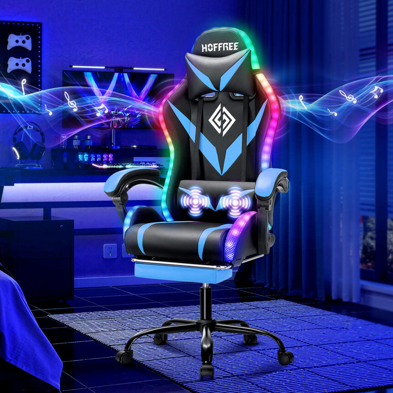 Hoffree Massage Ergonomic Gaming Chair with Bluetooth Speakers and RGB LED Lights, Blue/Black