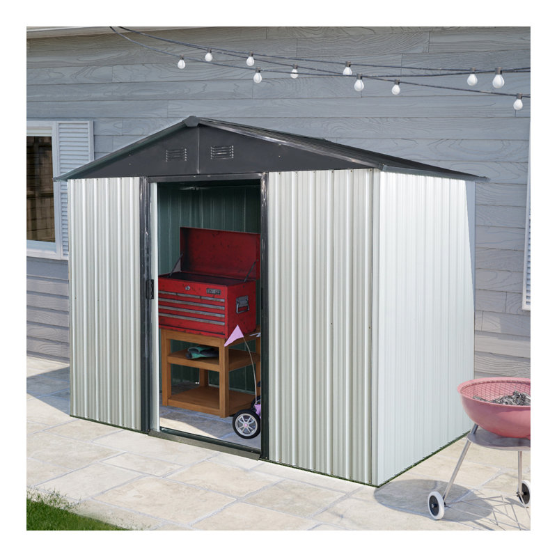 Remise de rangement extérieure en métal 8 pi x 4 pi avec porte coulissante et fondation pour cour, patio, pelouse - blanc et noir
